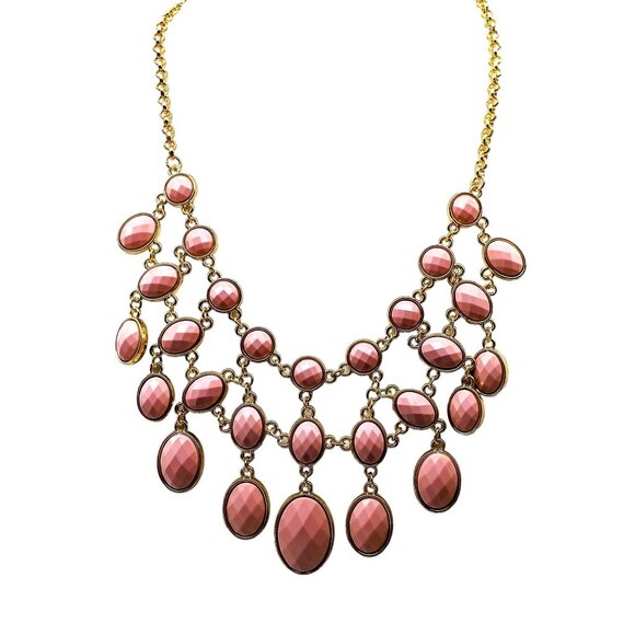 Reversible Vintage Multi Layered Bib Necklace With Faceted Pink or Grey on Gold - Picture 1 of 4